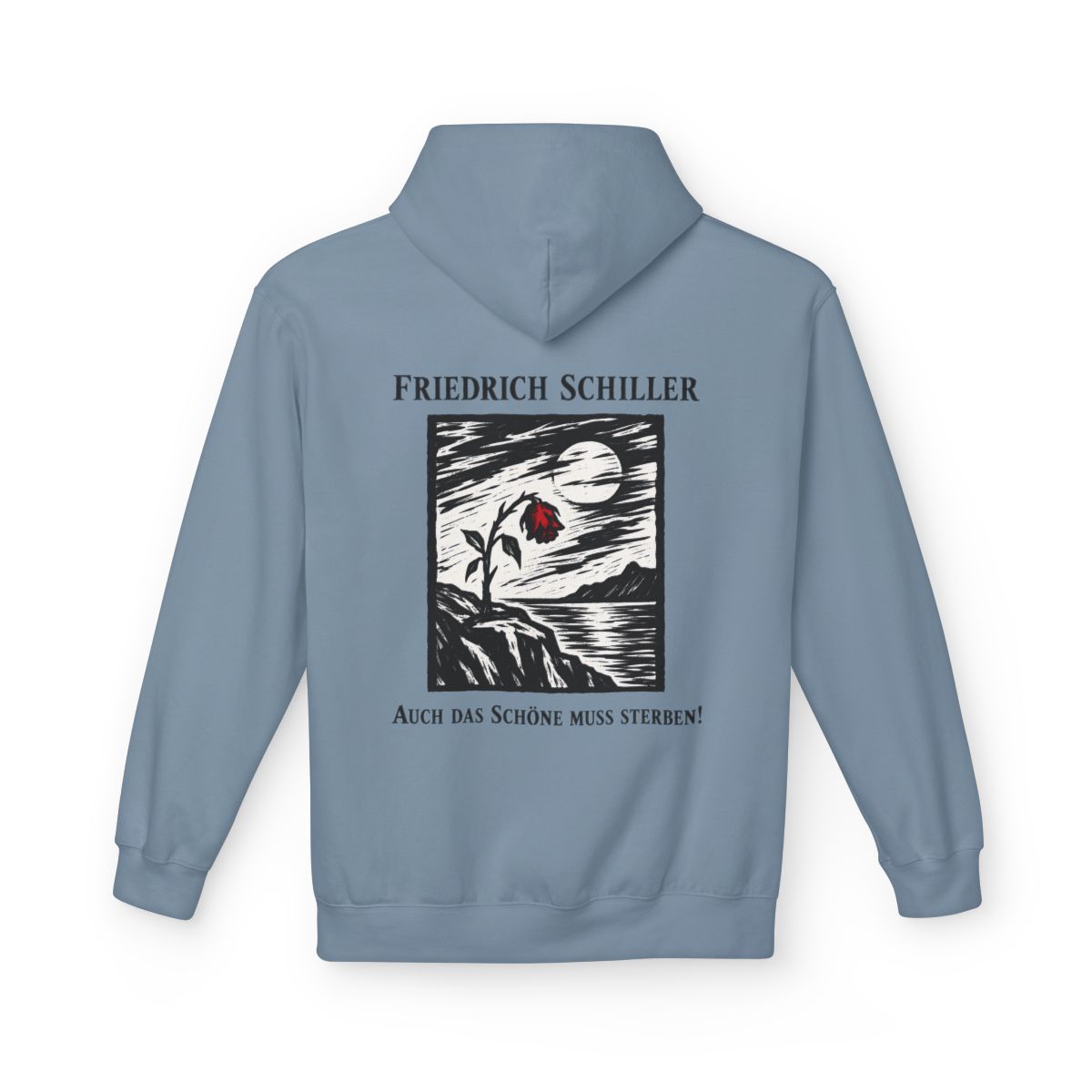 Unisex Fleece Hoodie mit Zitat - Schiller - Auch das Schöne muss sterben Holzschnitt – back