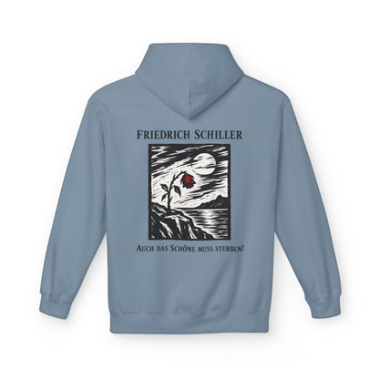 Unisex Fleece Hoodie mit Zitat - Schiller - Auch das Schöne muss sterben Holzschnitt – back