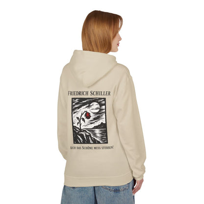 Unisex Fleece Hoodie mit Zitat - Schiller - Auch das Schöne muss sterben Holzschnitt – person-1-back