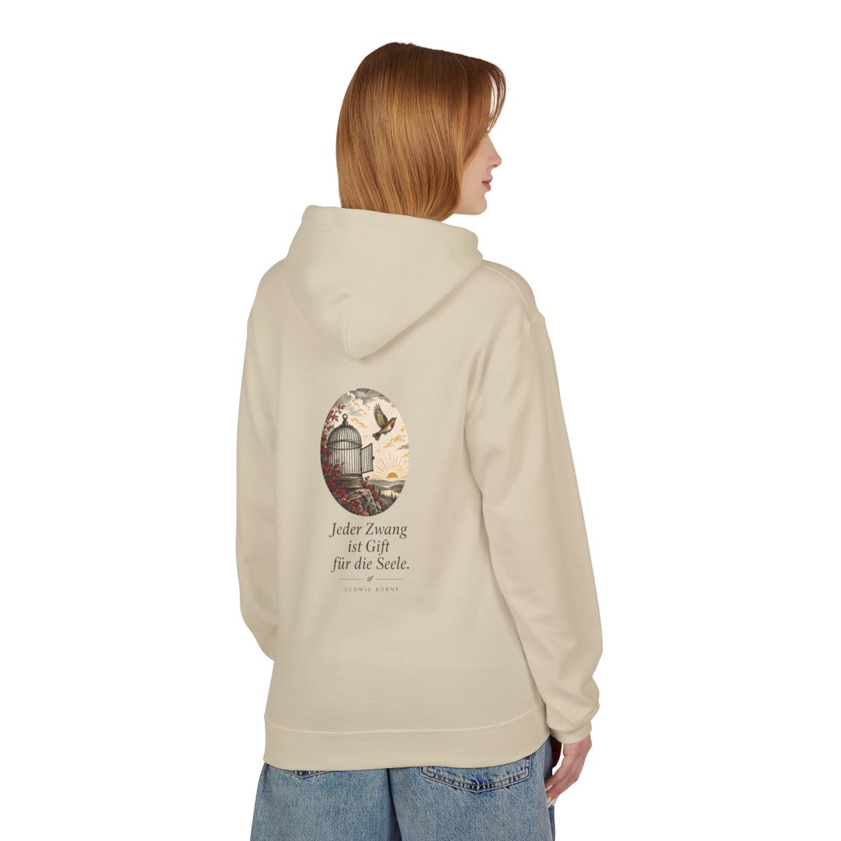 Unisex Fleece Hoodie mit Zitat - Börne - Jeder Zwang ist Gift – person-1-back