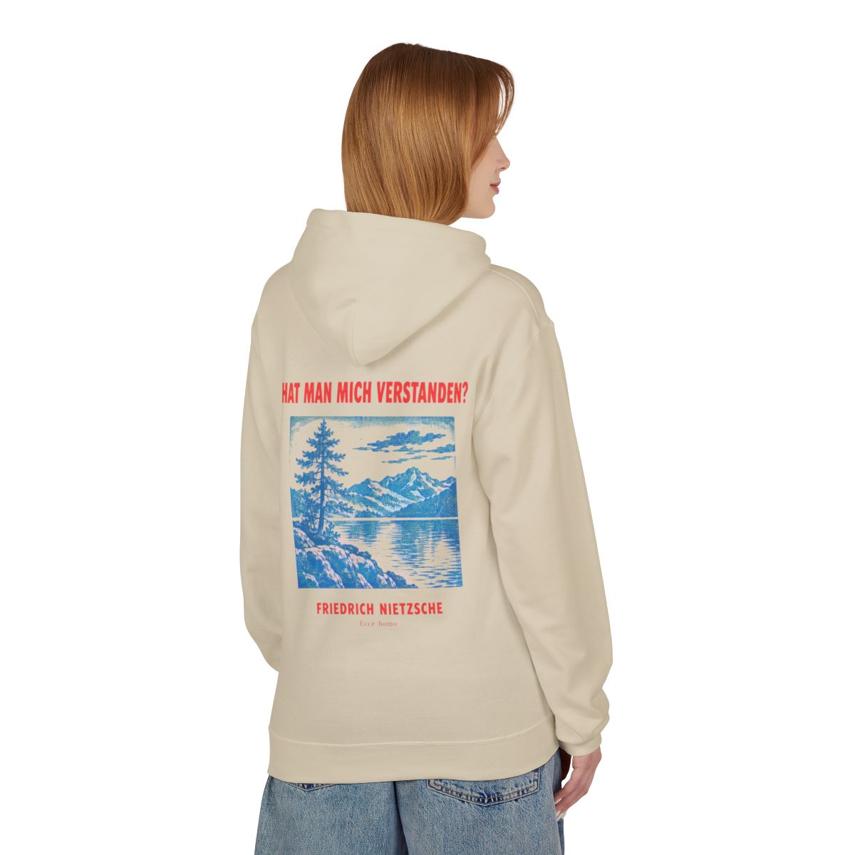 Unisex Fleece Hoodie mit Zitat - Nietzsche - Hat man mich verstanden Plakat – person-1-back