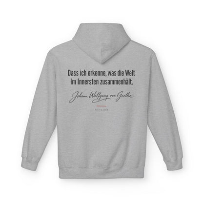 Unisex Fleece Hoodie mit Zitat - Goethe - Dass ich erkenne, was die Welt Signatur – back