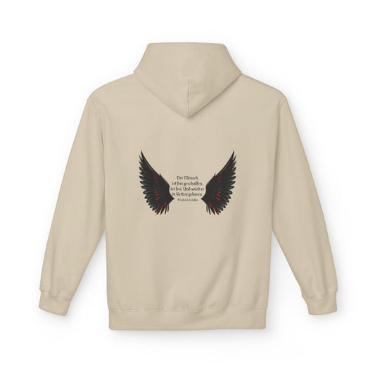 Unisex Fleece Hoodie mit Zitat - Schiller - Der Mensch ist frei – back