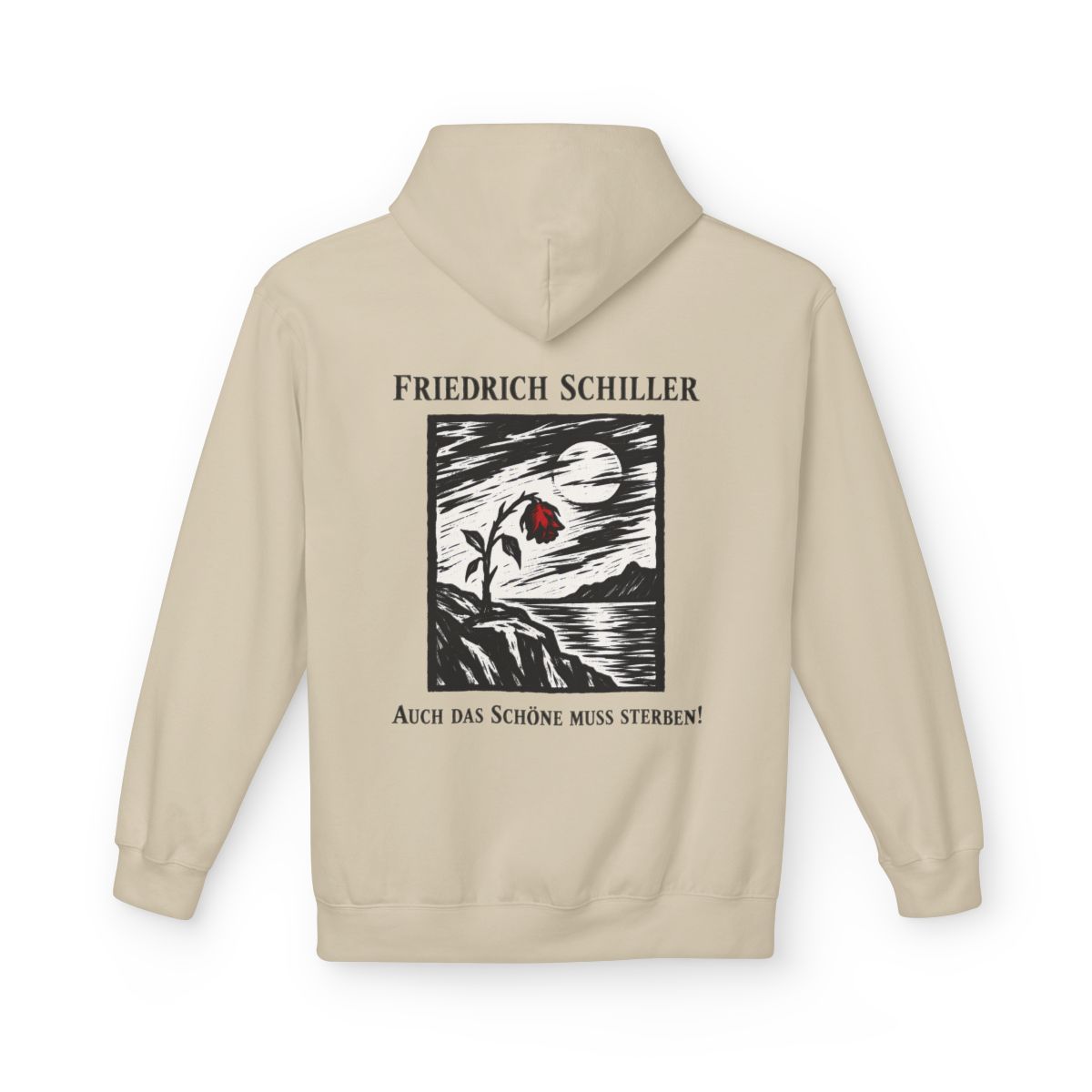 Unisex Fleece Hoodie mit Zitat - Schiller - Auch das Schöne muss sterben Holzschnitt – back