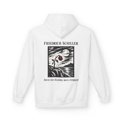 Unisex Fleece Hoodie mit Zitat - Schiller - Auch das Schöne muss sterben Holzschnitt – back