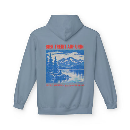 Unisex Fleece Hoodie mit Zitat - Hegel - Bier treibt auf Urin Plakat – back