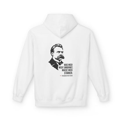 Unisex Fleece Hoodie mit Zitat - Friedrich Nietzsche - Was mich nicht umbringt – back