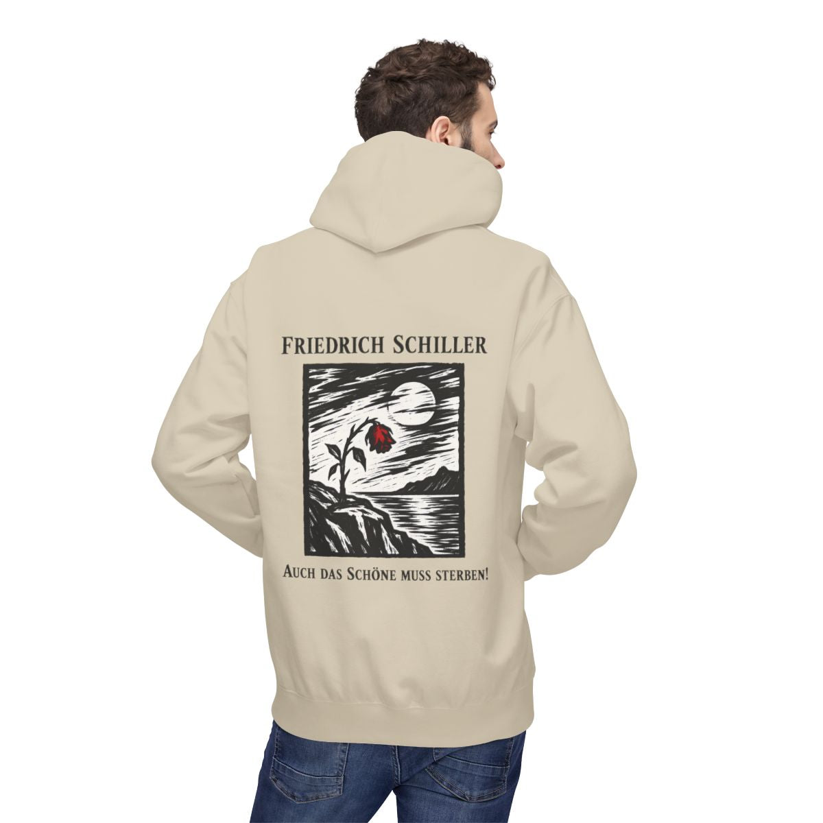 Unisex Fleece Hoodie mit Zitat - Schiller - Auch das Schöne muss sterben Holzschnitt – person-2-back