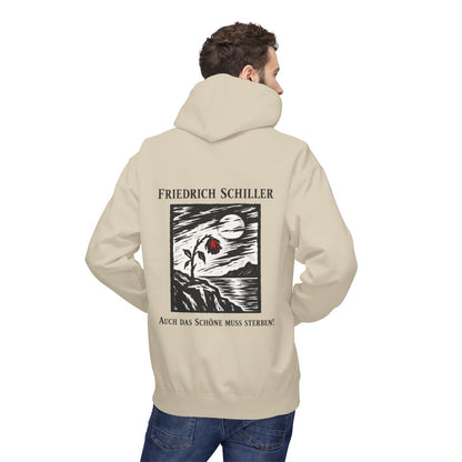 Unisex Fleece Hoodie mit Zitat - Schiller - Auch das Schöne muss sterben Holzschnitt – person-2-back