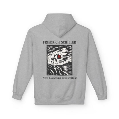 Unisex Fleece Hoodie mit Zitat - Schiller - Auch das Schöne muss sterben Holzschnitt – back
