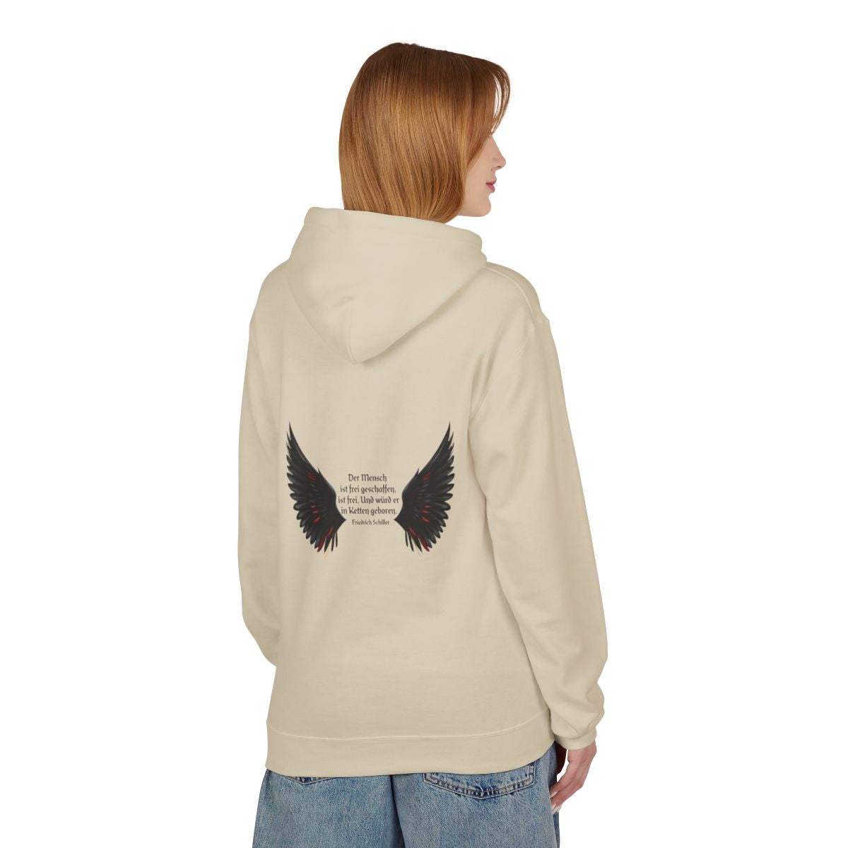 Unisex Fleece Hoodie mit Zitat - Schiller - Der Mensch ist frei – person-1-back