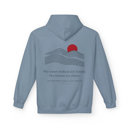 Unisex Fleece Hoodie mit Zitat - Goethe - Wer immer strebend sich bemüht Linien – back