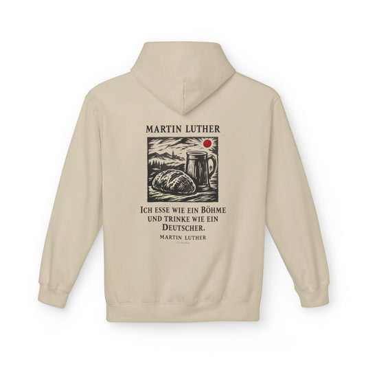 Unisex Fleece Hoodie mit Zitat - Luther - Ich esse wie ein Böhme Holzschnitt – back