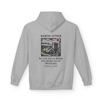 Unisex Fleece Hoodie mit Zitat - Luther - Ich esse wie ein Böhme Holzschnitt – back