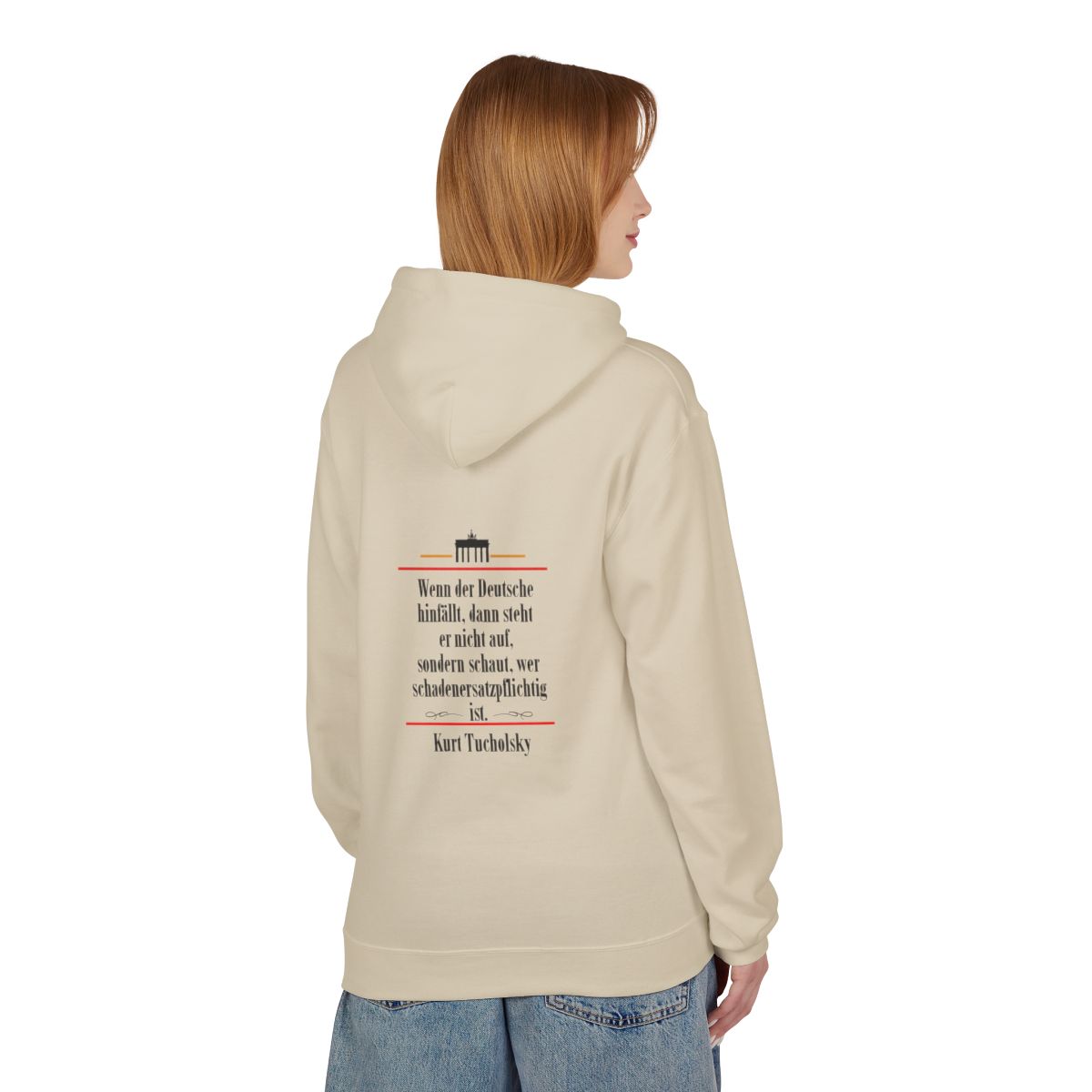 Unisex Fleece Hoodie mit Zitat - Tucholsky - Schadenersatzpflichtig – person-1-back