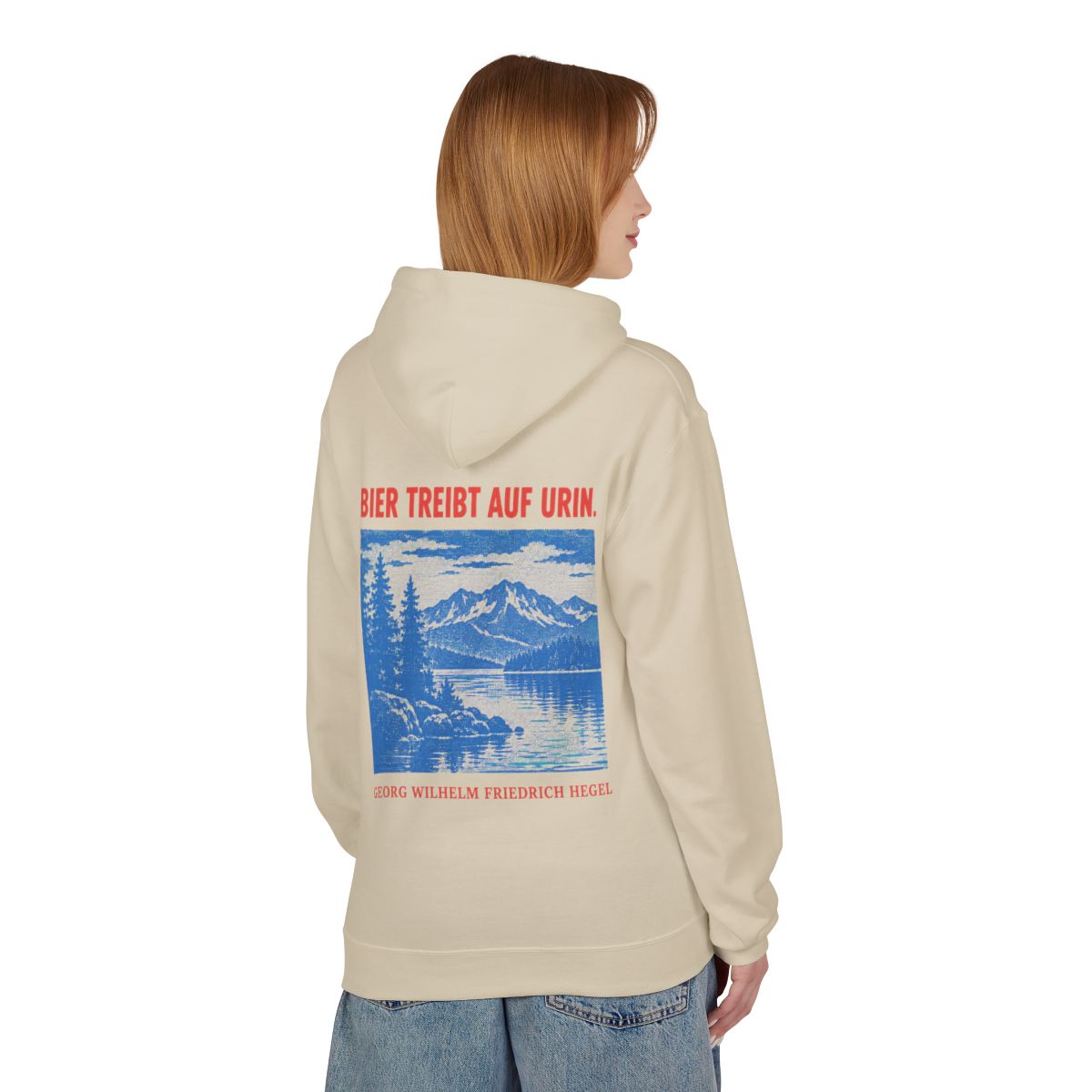 Unisex Fleece Hoodie mit Zitat - Hegel - Bier treibt auf Urin Plakat – person-1-back