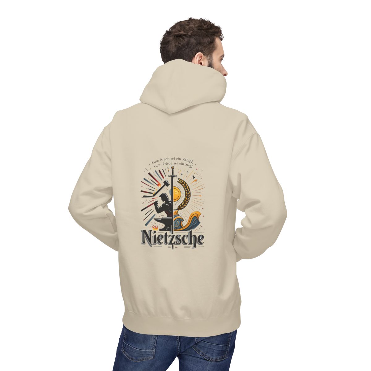 Unisex Fleece Hoodie mit Zitat - Nietzsche - Arbeit sei ein Kampf – person-2-back