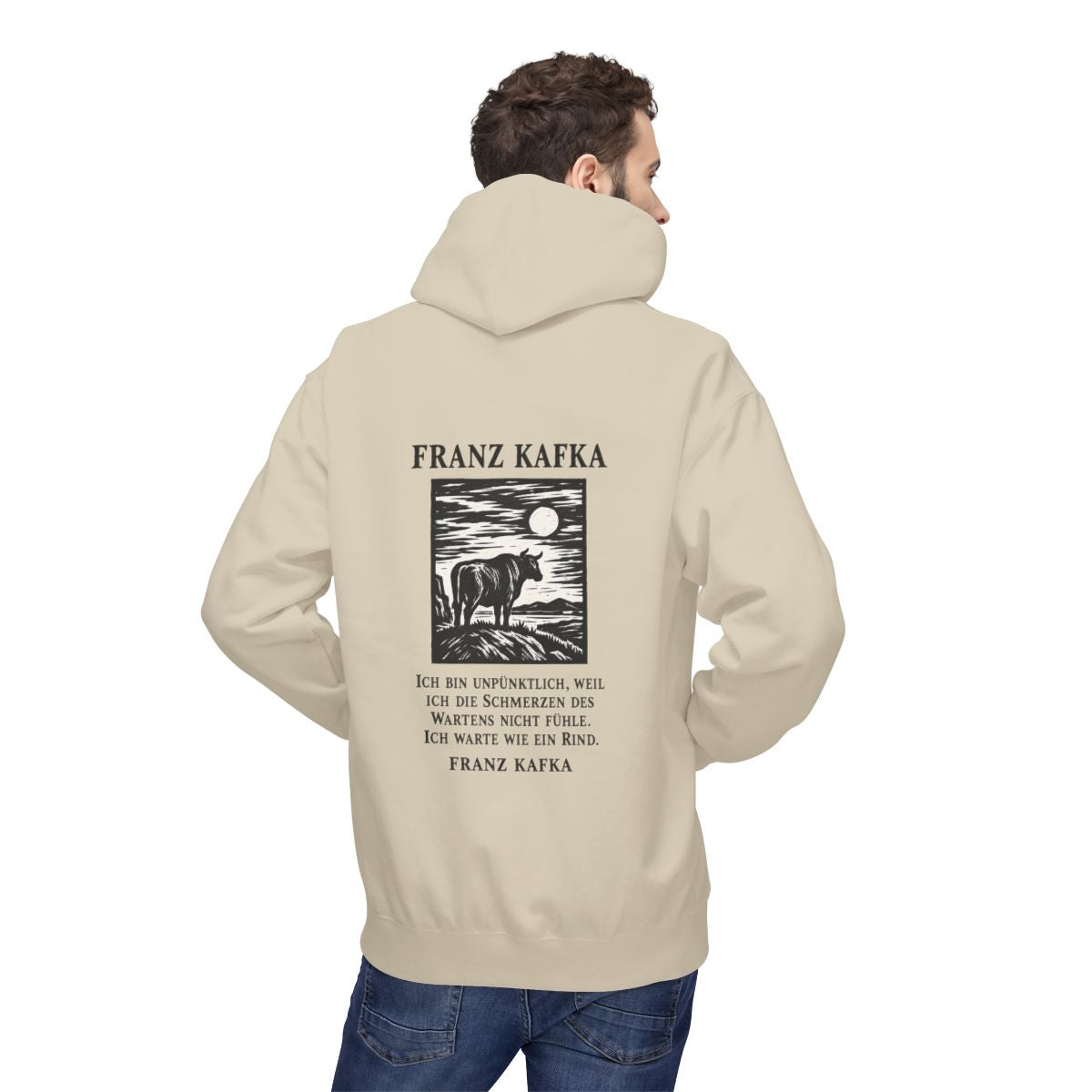 Unisex Fleece Hoodie mit Zitat - Kafka - Ich bin unpünktlich – person-2-back