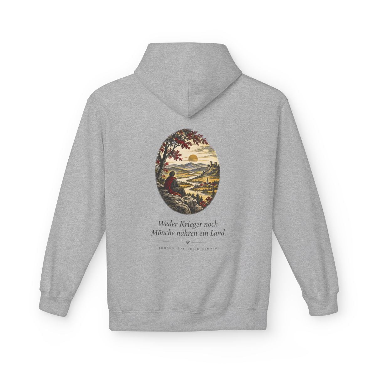 Unisex Fleece Hoodie mit Zitat - Herder - Weder Krieger noch Mönche nähren ein Land – back