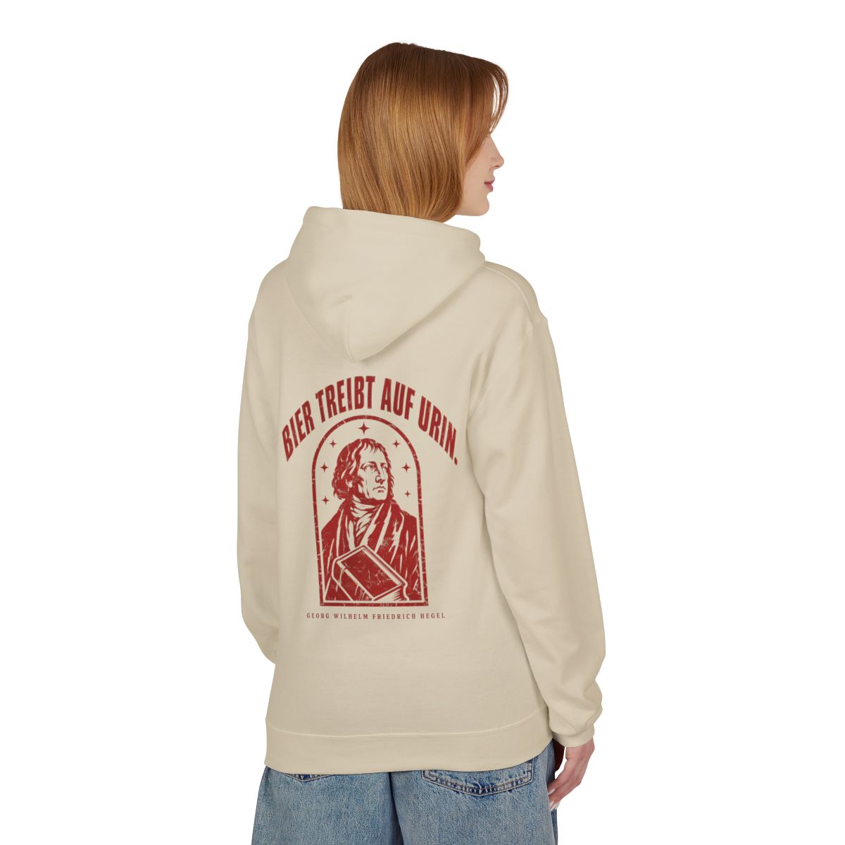 Unisex Fleece Hoodie mit Zitat - Hegel - Bier treibt auf Urin Vintage – person-1-back