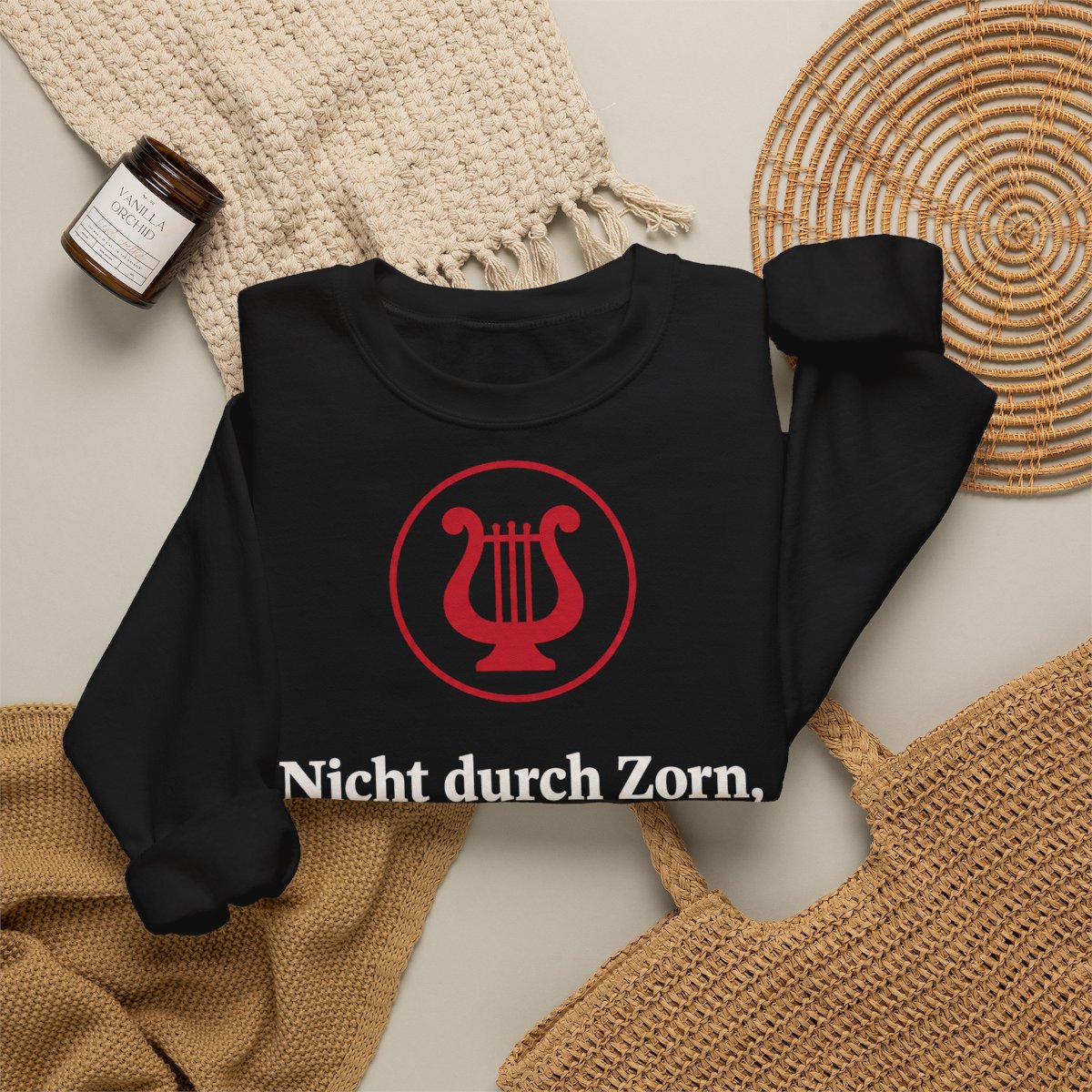 Unisex Sweatshirt mit Zitat - Nietzsche - Nicht durch Zorn Symbol – folded-2
