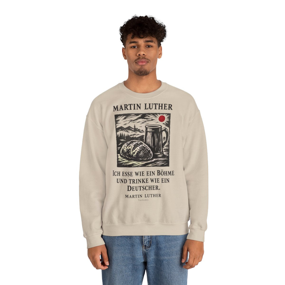 Unisex Sweatshirt mit Zitat - Luther - Ich esse wie ein Böhme Holzschnitt – person-2