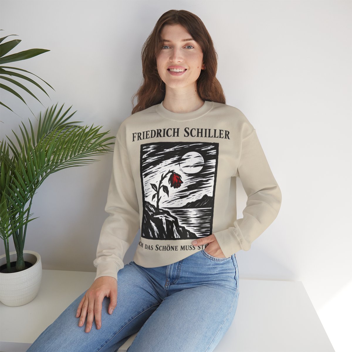 Unisex Sweatshirt mit Zitat - Schiller - Auch das Schöne muss sterben Holzschnitt – lifestyle
