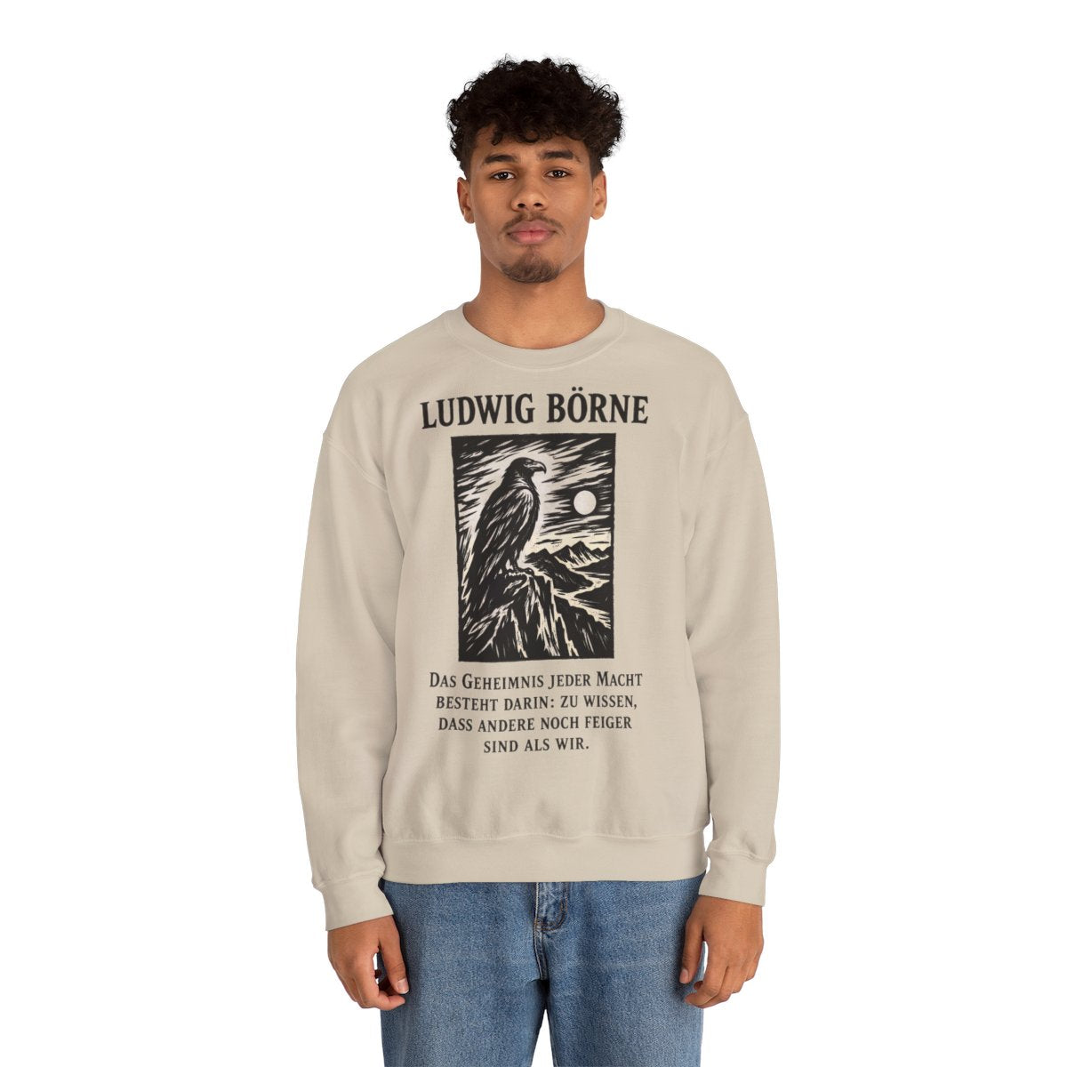 Unisex Sweatshirt mit Zitat - Börne - Das Geheimnis jeder Macht besteht Holzschnitt – person-2