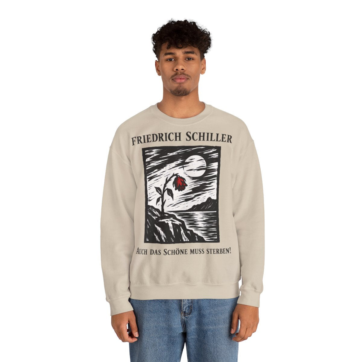Unisex Sweatshirt mit Zitat - Schiller - Auch das Schöne muss sterben Holzschnitt – person-2