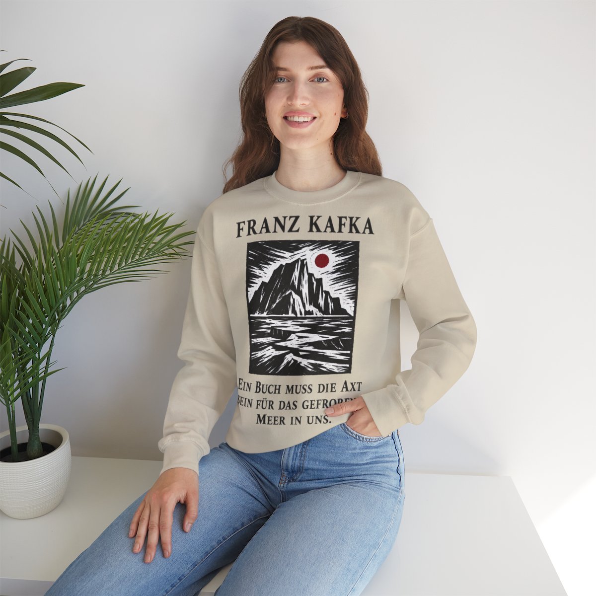 Unisex Sweatshirt mit Zitat - Kafka - Ein Buch muss die Axt Holzschnitt – lifestyle