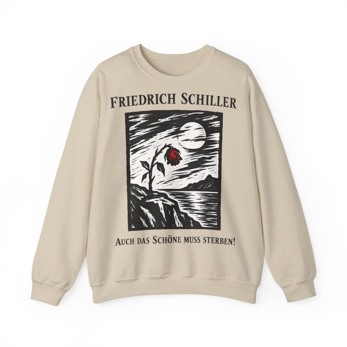 Unisex Sweatshirt mit Zitat - Schiller - Auch das Schöne muss sterben Holzschnitt – front