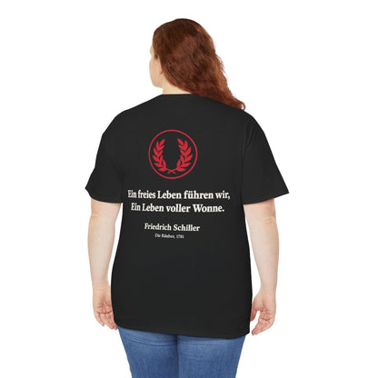 Unisex T-Shirt mit Zitat - Schiller - Ein freies Leben führen wir (Druck hinten) – person-5-back