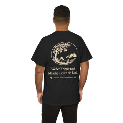 Unisex T-Shirt mit Zitat - Herder - Weder Krieger noch Mönche nähren ein Land Scherenschnitt (Druck hinten) – person-6-back