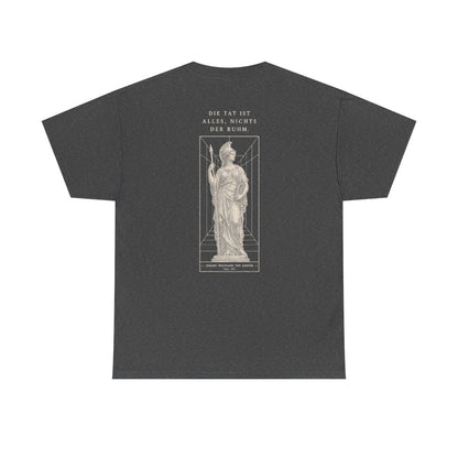 Unisex T-Shirt mit Zitat - Goethe - Die Tat ist alles, nichts der Ruhm (Druck hinten) – back