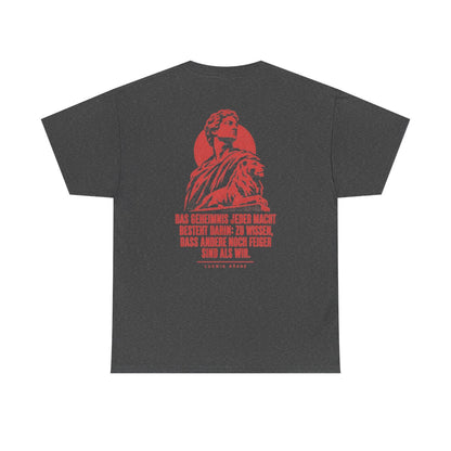 Unisex T-Shirt mit Zitat - Börne - Das Geheimnis jeder Macht besteht Vintage (Druck hinten) – back