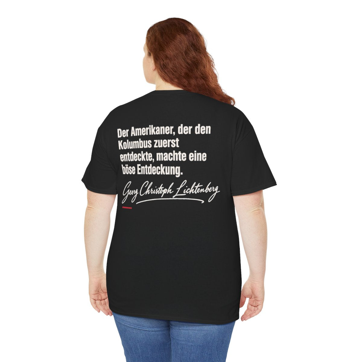 Unisex T-Shirt mit Zitat - Lichtenberg - Der Amerikaner Signatur (Druck hinten) – person-5-back