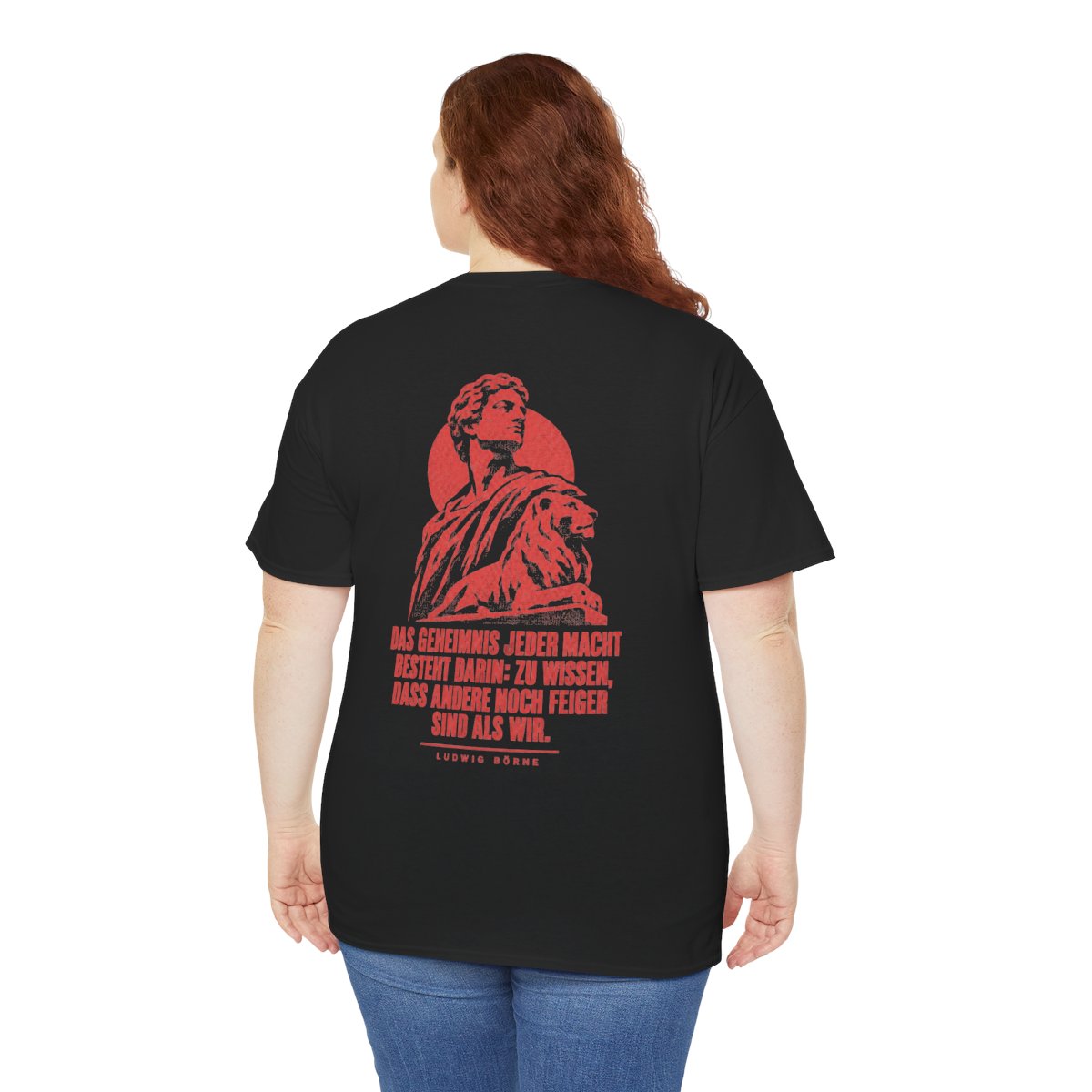 Unisex T-Shirt mit Zitat - Börne - Das Geheimnis jeder Macht besteht Vintage (Druck hinten) – person-5-back