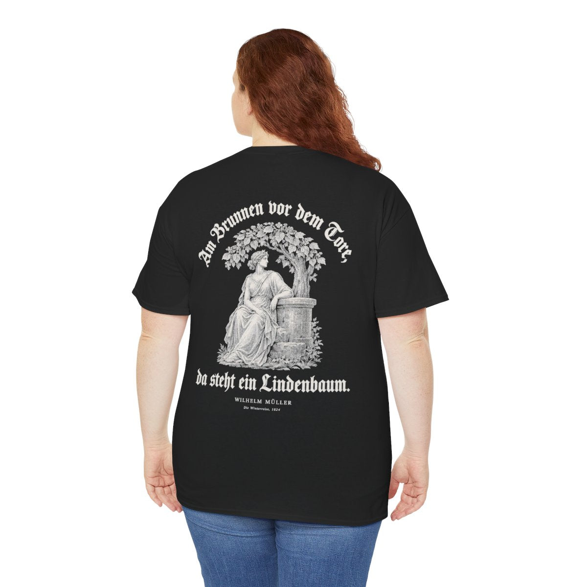 Unisex T-Shirt mit Zitat - Müller - Am Brunnen vor dem Tore Gravur (Druck hinten) – person-5-back