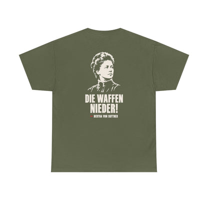 Unisex T-Shirt mit Zitat - Bertha von Suttner - Die Waffen nieder (Druck hinten) – back