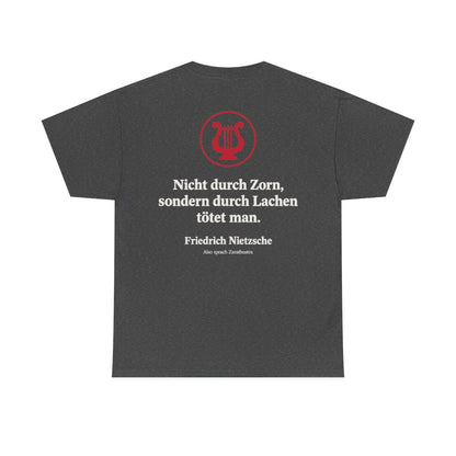 Unisex T-Shirt mit Zitat - Nietzsche - Nicht durch Zorn Symbol (Druck hinten) – back