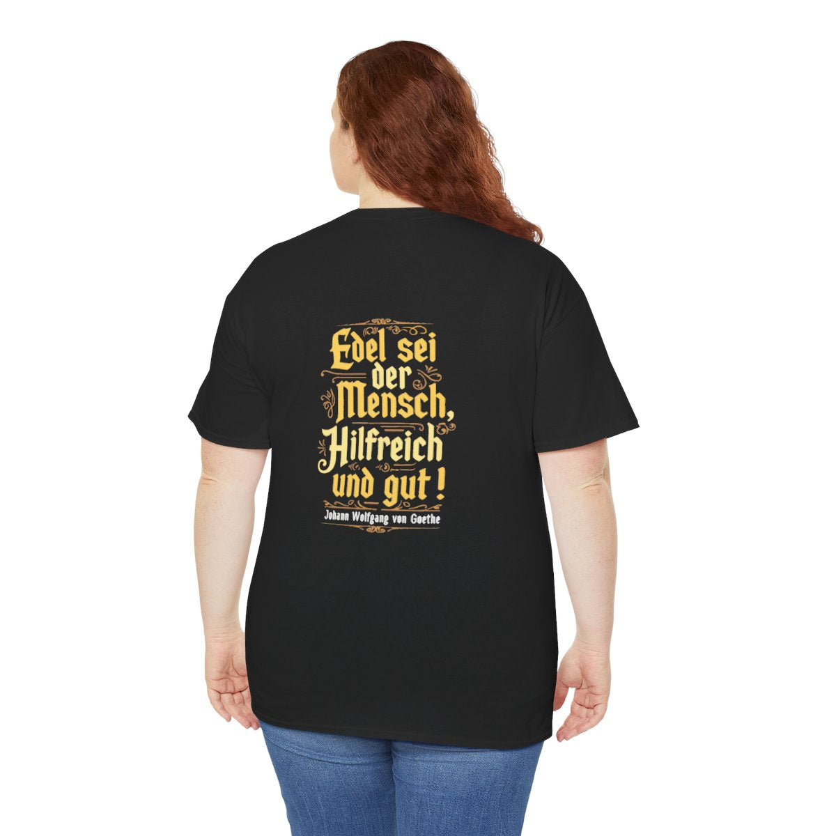 Unisex T-Shirt mit Zitat - Goethe - Edel sei der Mensch (Druck hinten) – person-5-back