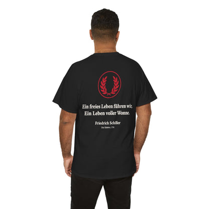 Unisex T-Shirt mit Zitat - Schiller - Ein freies Leben führen wir (Druck hinten) – person-6-back