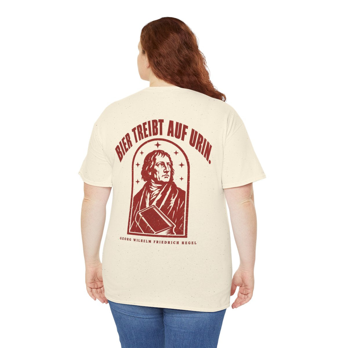 Unisex T-Shirt mit Zitat - Hegel - Bier treibt auf Urin Vintage (Druck hinten) – person-5-back