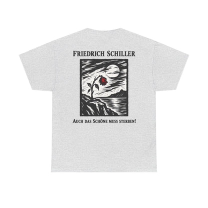 Unisex T-Shirt mit Zitat - Schiller - Auch das Schöne muss sterben Holzschnitt (Druck hinten) – back