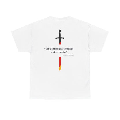 Unisex T-Shirt mit Zitat - Schiller - Vor dem freien Menschen (Druck hinten) – back