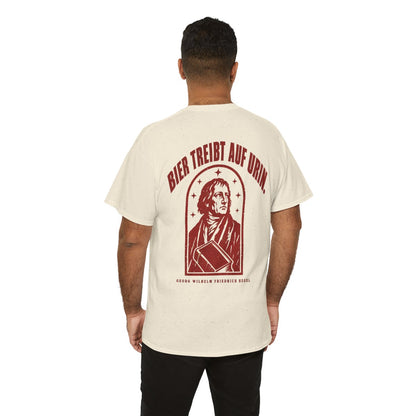 Unisex T-Shirt mit Zitat - Hegel - Bier treibt auf Urin Vintage (Druck hinten) – person-6-back