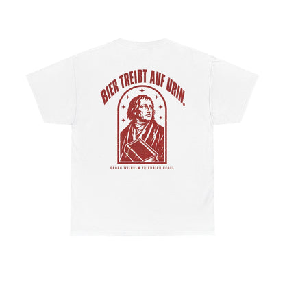 Unisex T-Shirt mit Zitat - Hegel - Bier treibt auf Urin Vintage (Druck hinten) – back