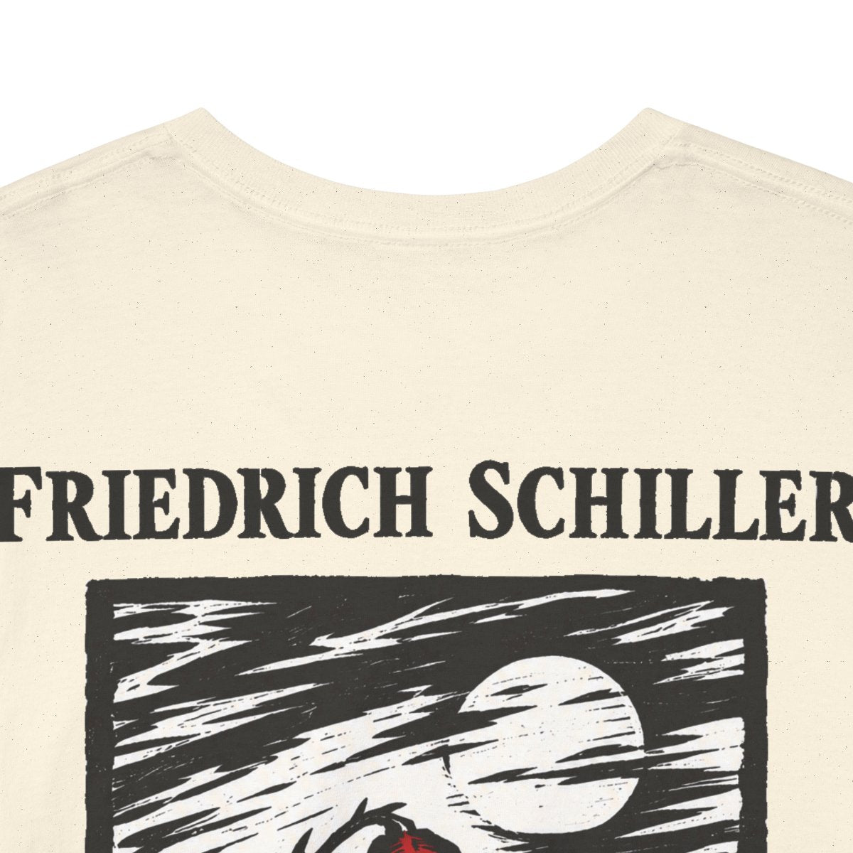 Unisex T-Shirt mit Zitat - Schiller - Auch das Schöne muss sterben Holzschnitt (Druck hinten) – back-collar-closeup