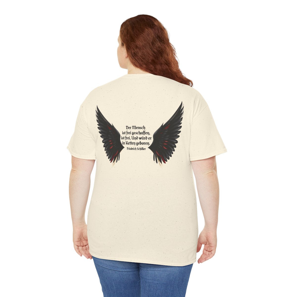 Unisex T-Shirt mit Zitat - Schiller - Der Mensch ist frei (Druck hinten) – person-5-back