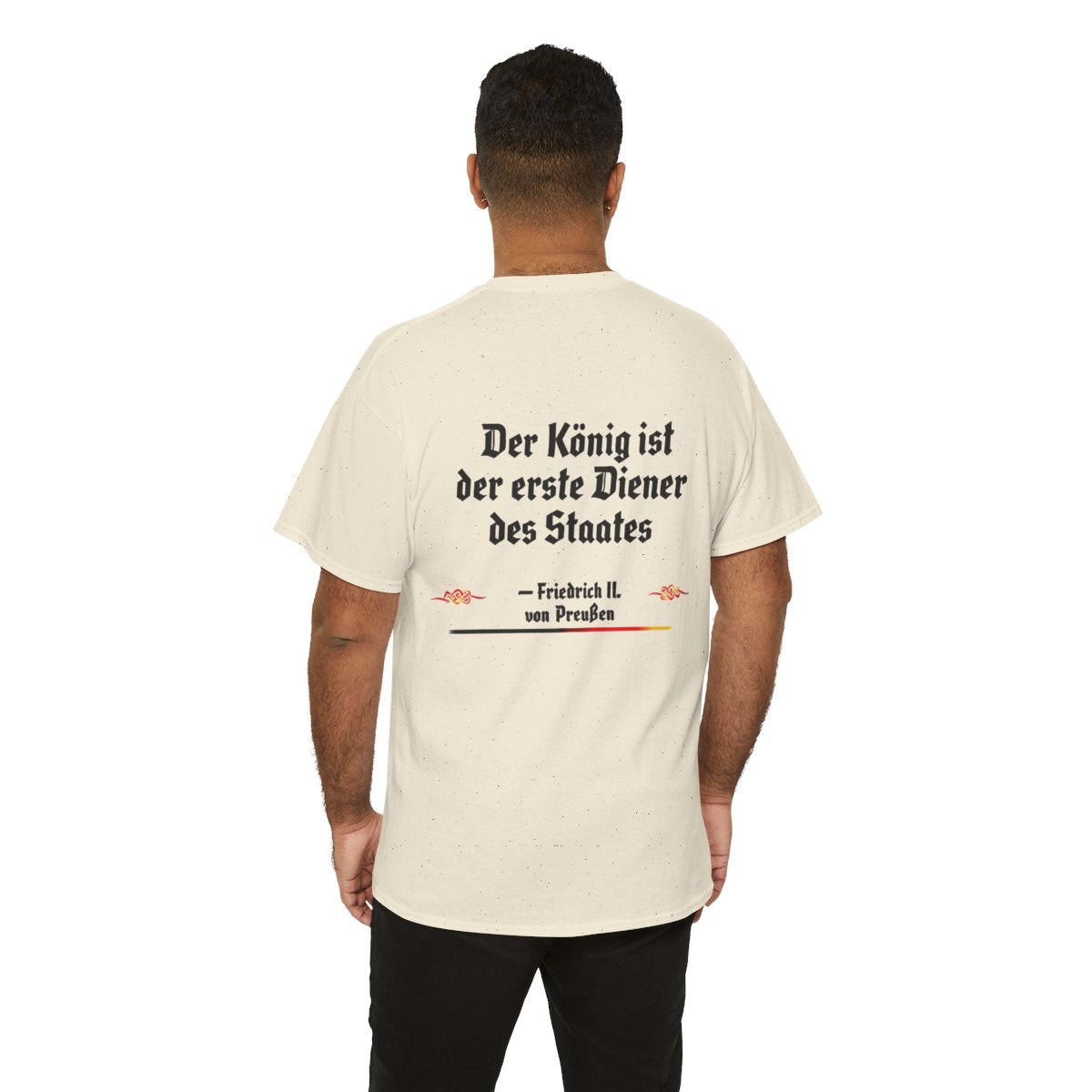 Unisex T-Shirt mit Zitat - Friedrich II. - Erster Diener des Staates (Druck hinten) – person-6-back